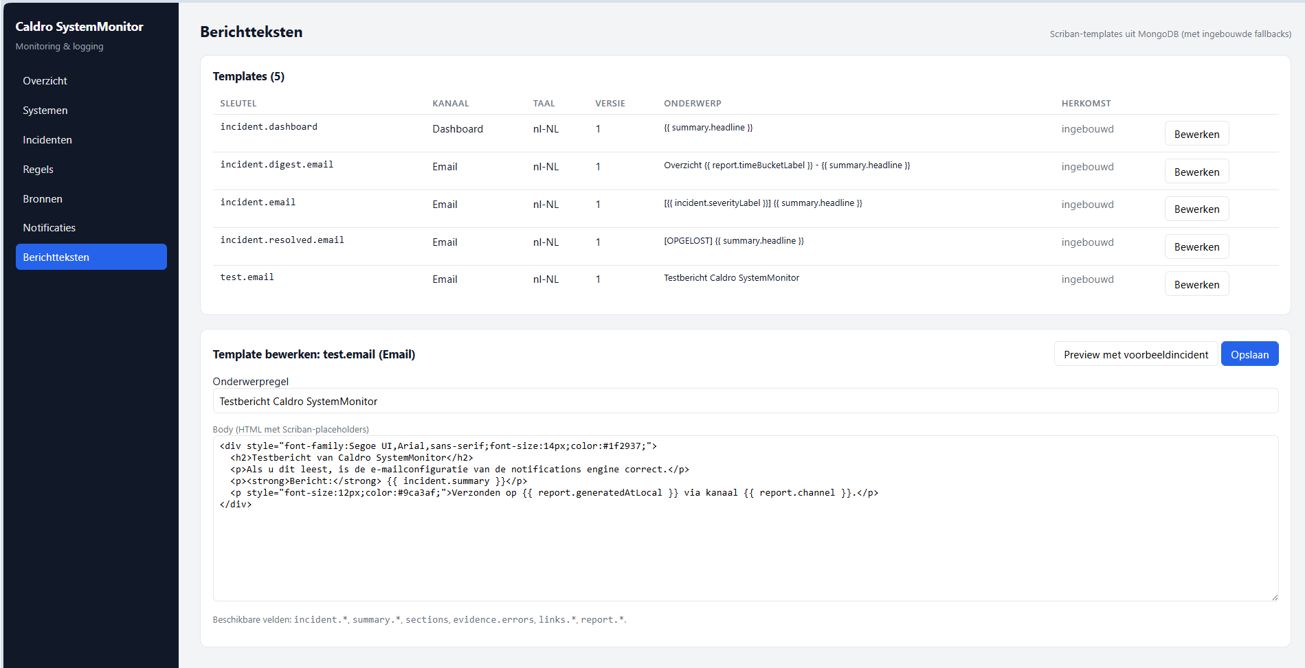 Berichtteksten — template editor